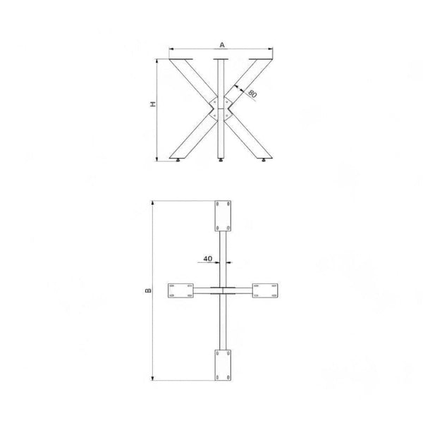 Teknisk tegning af stjernestel bordben til plankebord med dimensioner.
