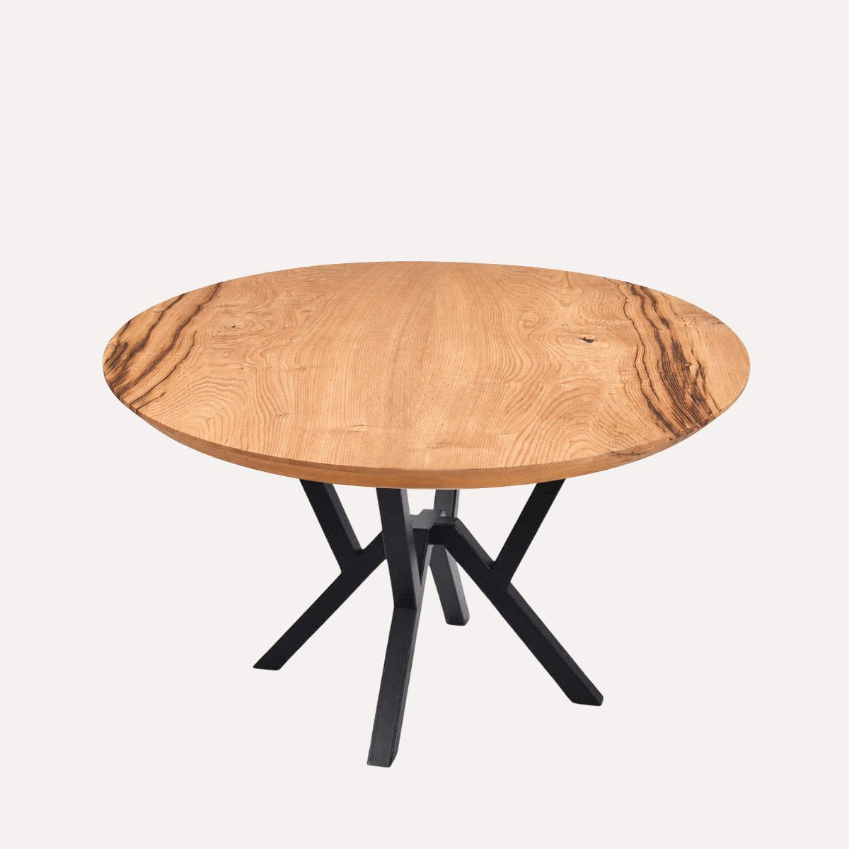 Rundt kastanjebord Ø120 cm med massiv bordplade og sort metalstel