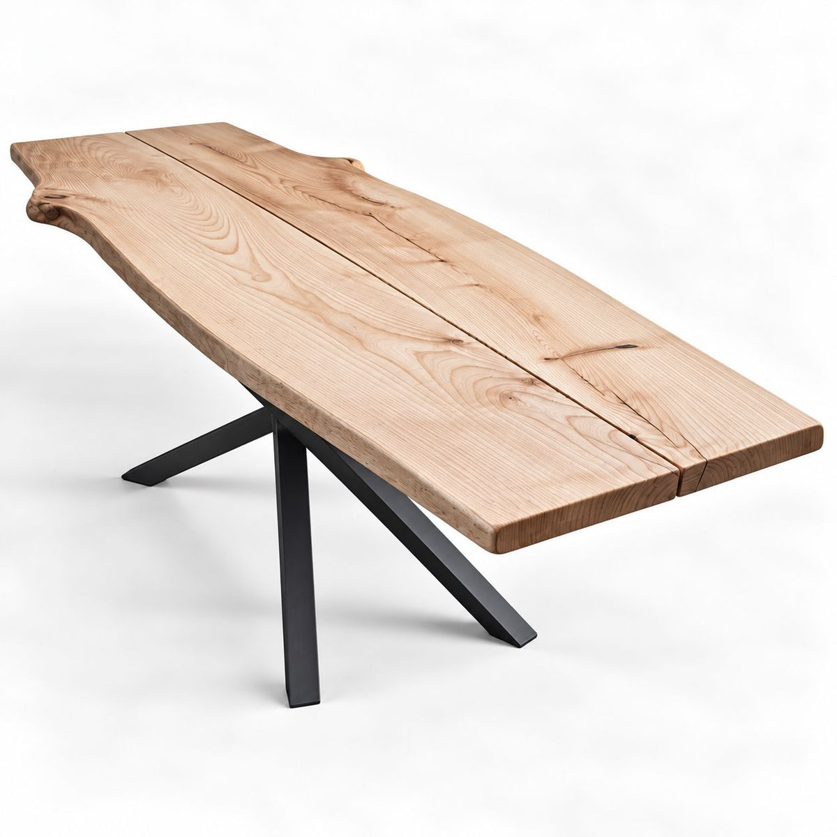 Plankebord i massivt asketræ 270x90 cm med 6 cm bordplade og sorte metalben