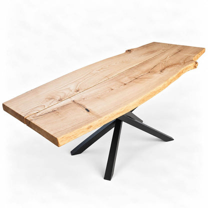 Massivt plankebord i ask 270x90 cm med naturlig kant og sort metalstel