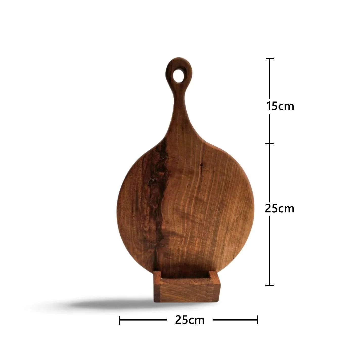 Rundt skærebræt i massiv valnød 40x25 cm med håndtag.