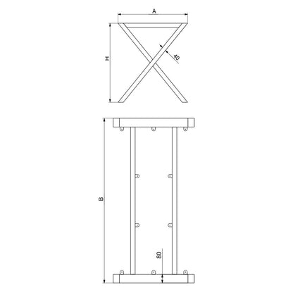 Teknisk tegning af metal bordben model X med dimensioner