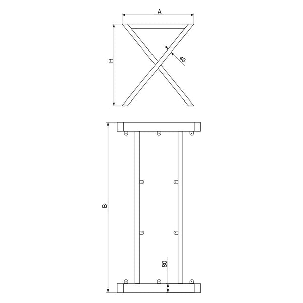 Teknisk tegning af metal bordben model X med dimensioner